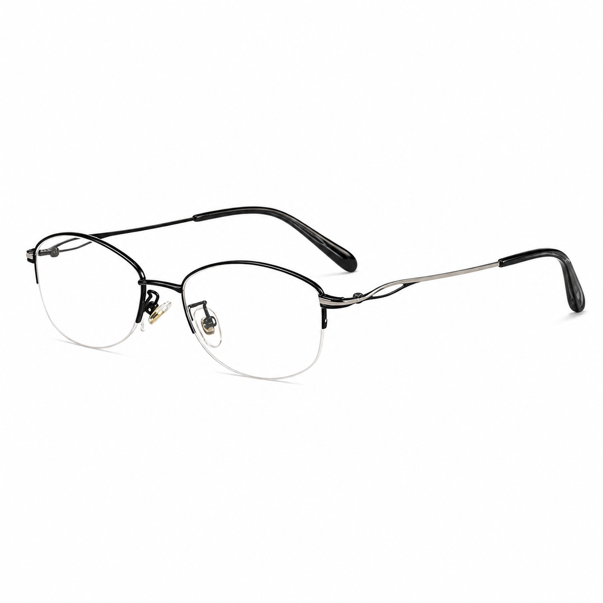 Black women's vintage alloy semi-rimless glasses, 45-degree product view