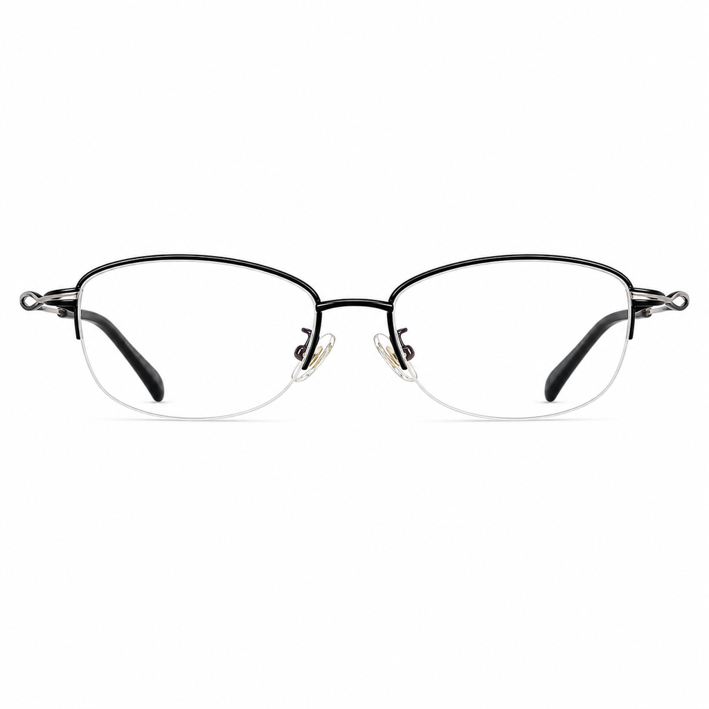 Black women's vintage alloy semi-rimless glasses, front product view
