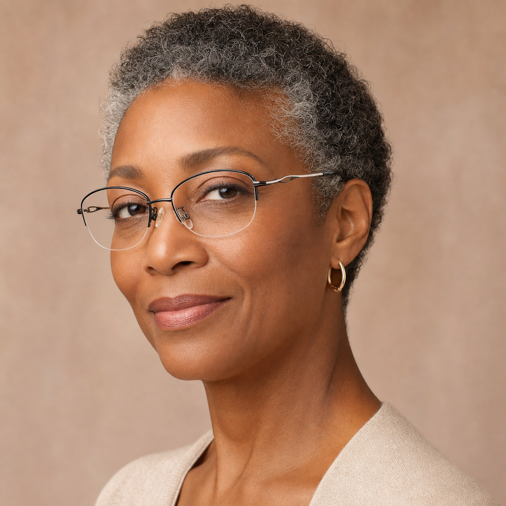 Black women's vintage alloy semi-rimless glasses worn by a mature adult Black woman