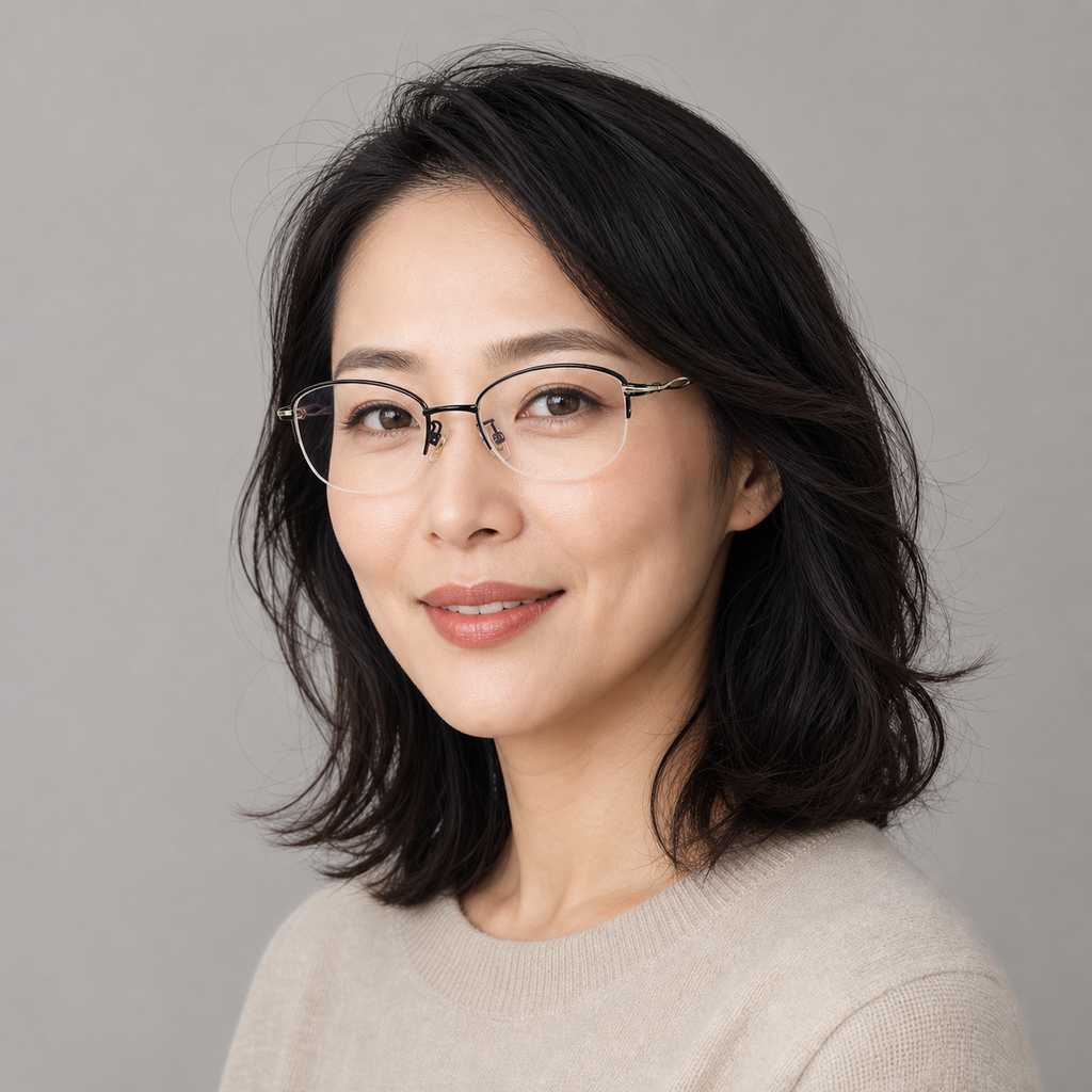 Black women's vintage alloy semi-rimless glasses worn by an adult East Asian woman