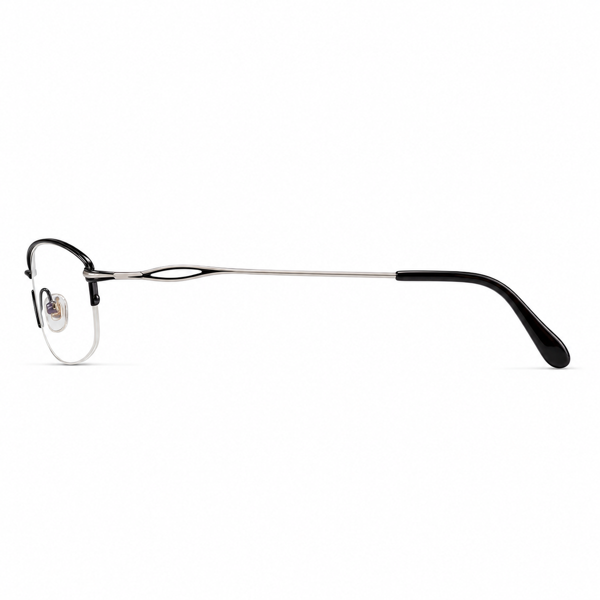 Black women's vintage alloy semi-rimless glasses, side and temple product view