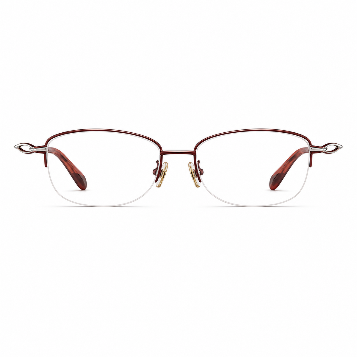 Burgundy women's vintage alloy semi-rimless glasses, front product view