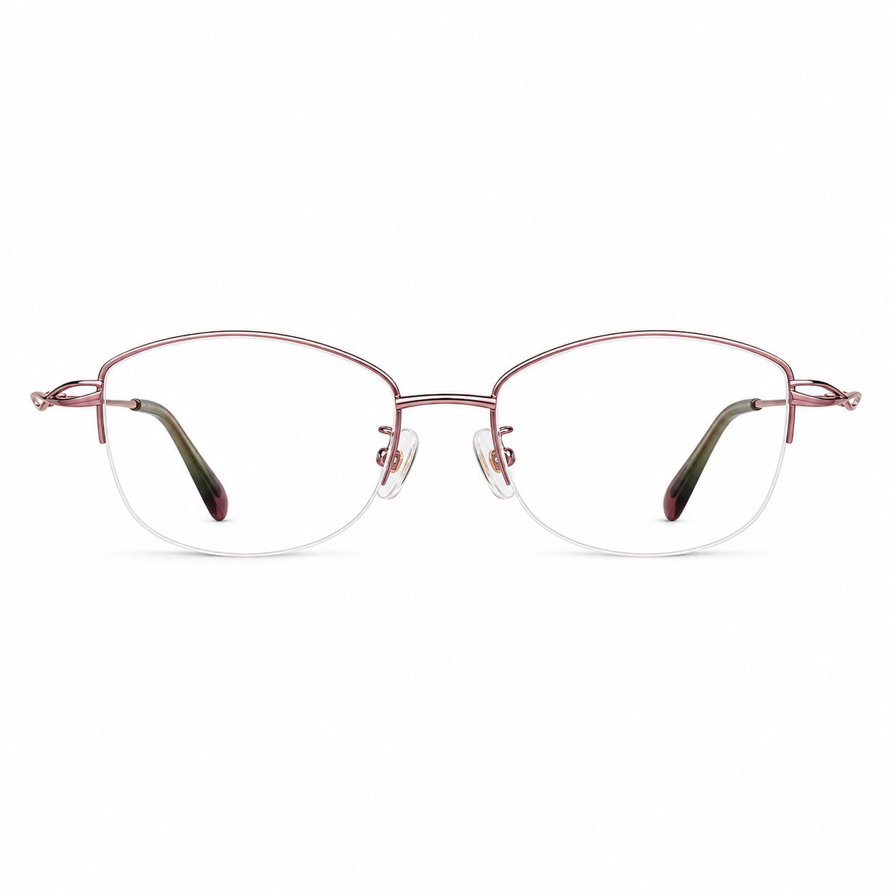Pink women's vintage alloy semi-rimless glasses, front product view