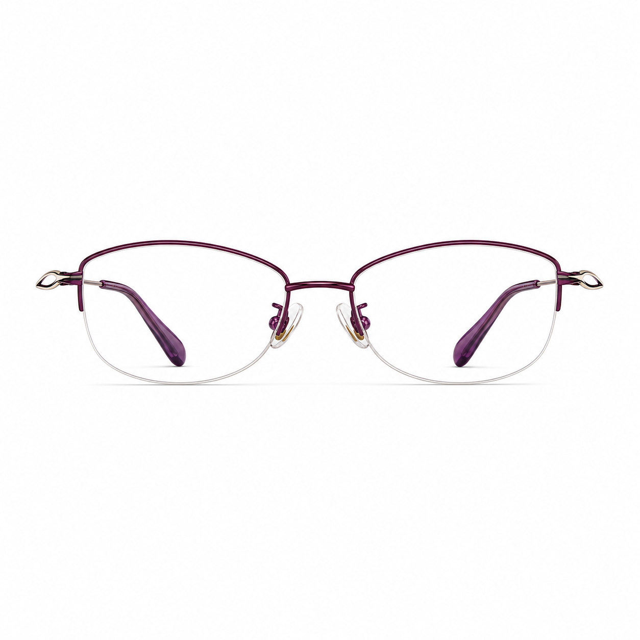 Purple women's vintage alloy semi-rimless glasses, front product view