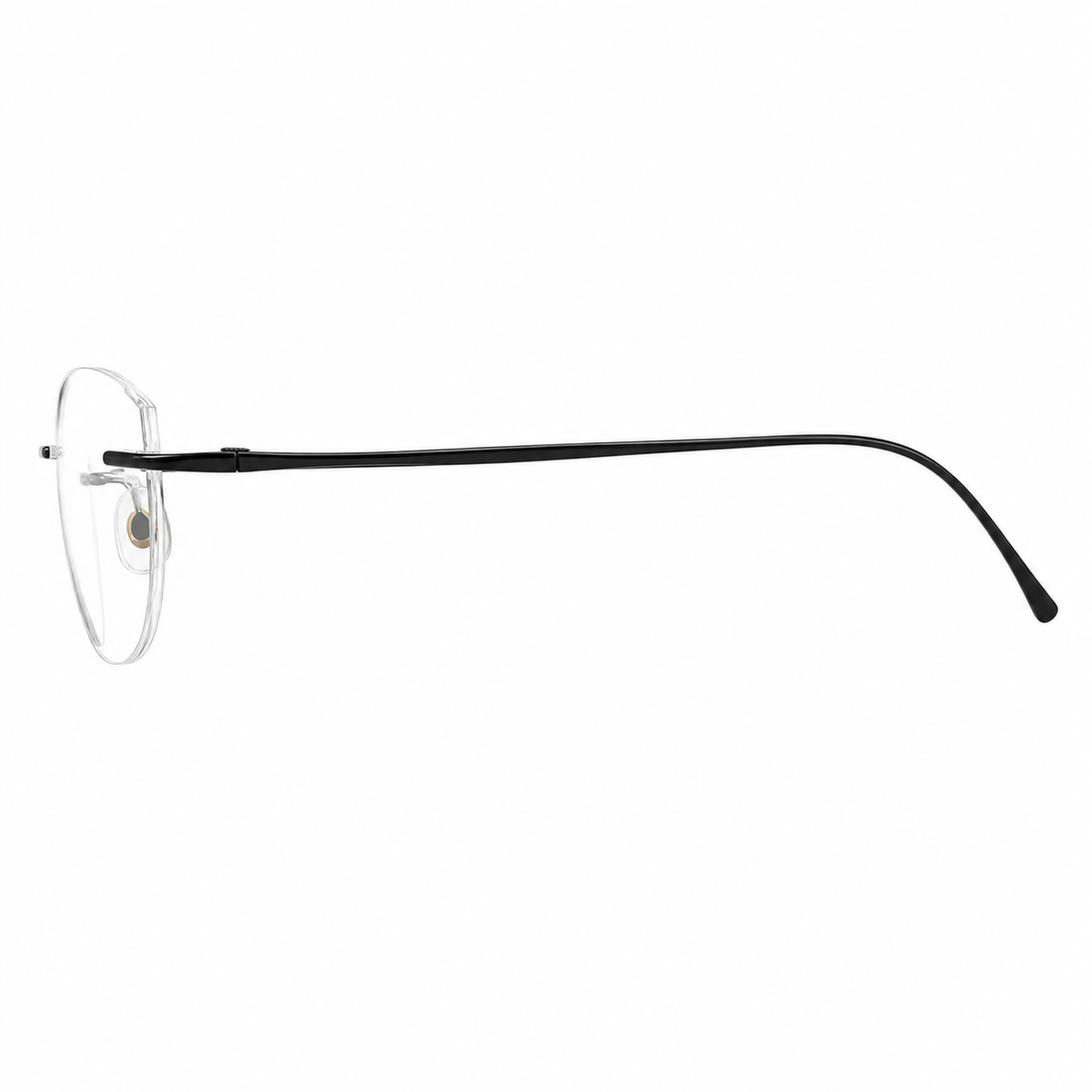 Black women's pure titanium rimless geometric glasses, side and temple product view