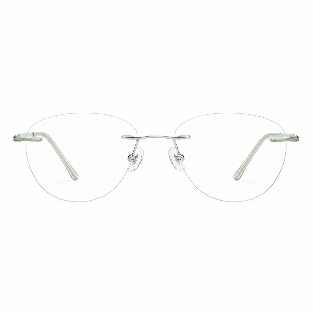 Green and Silver women's pure titanium rimless rectangular glasses, front product view