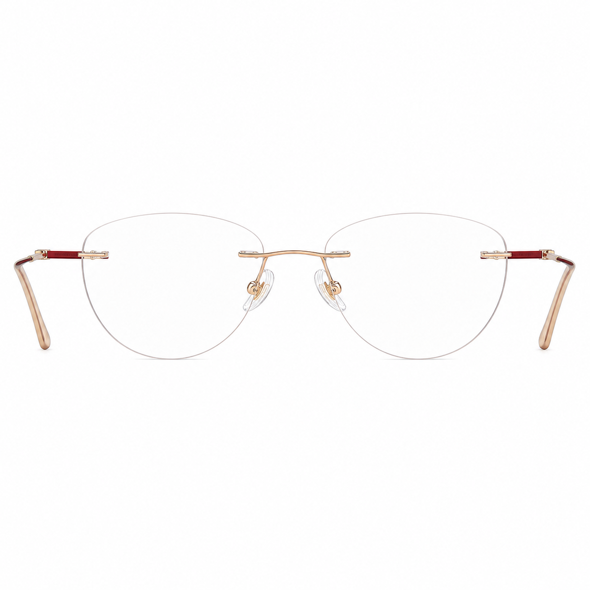Red and Rose Gold women's pure titanium rimless rectangular glasses, front product view