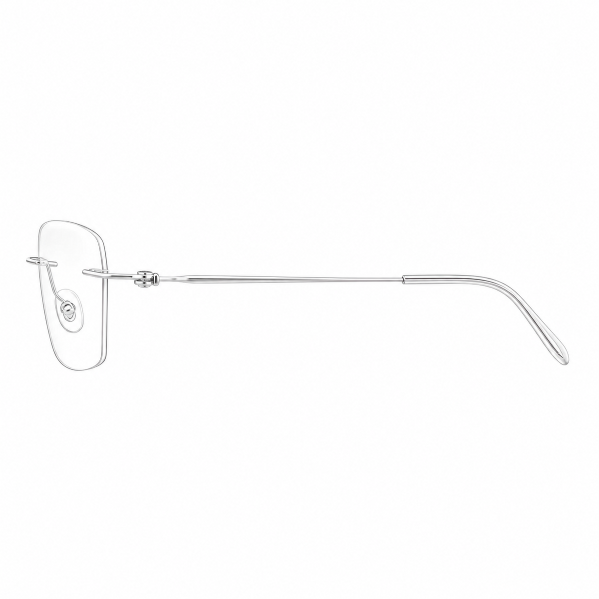 Silver women's pure titanium rimless rectangular glasses, side and temple product view