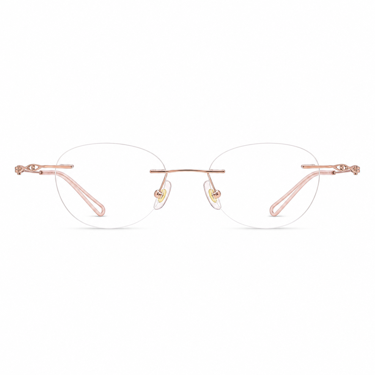 Rose Gold women's pure titanium rimless scroll-temple glasses, front product view