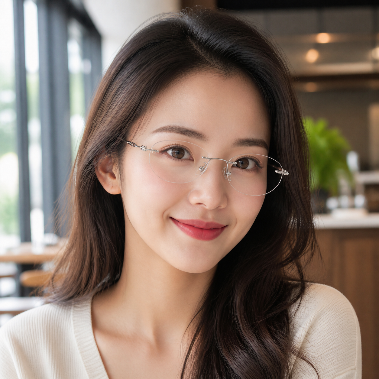 Silver women's rimless scroll-temple glasses, worn by an adult woman in a cafe