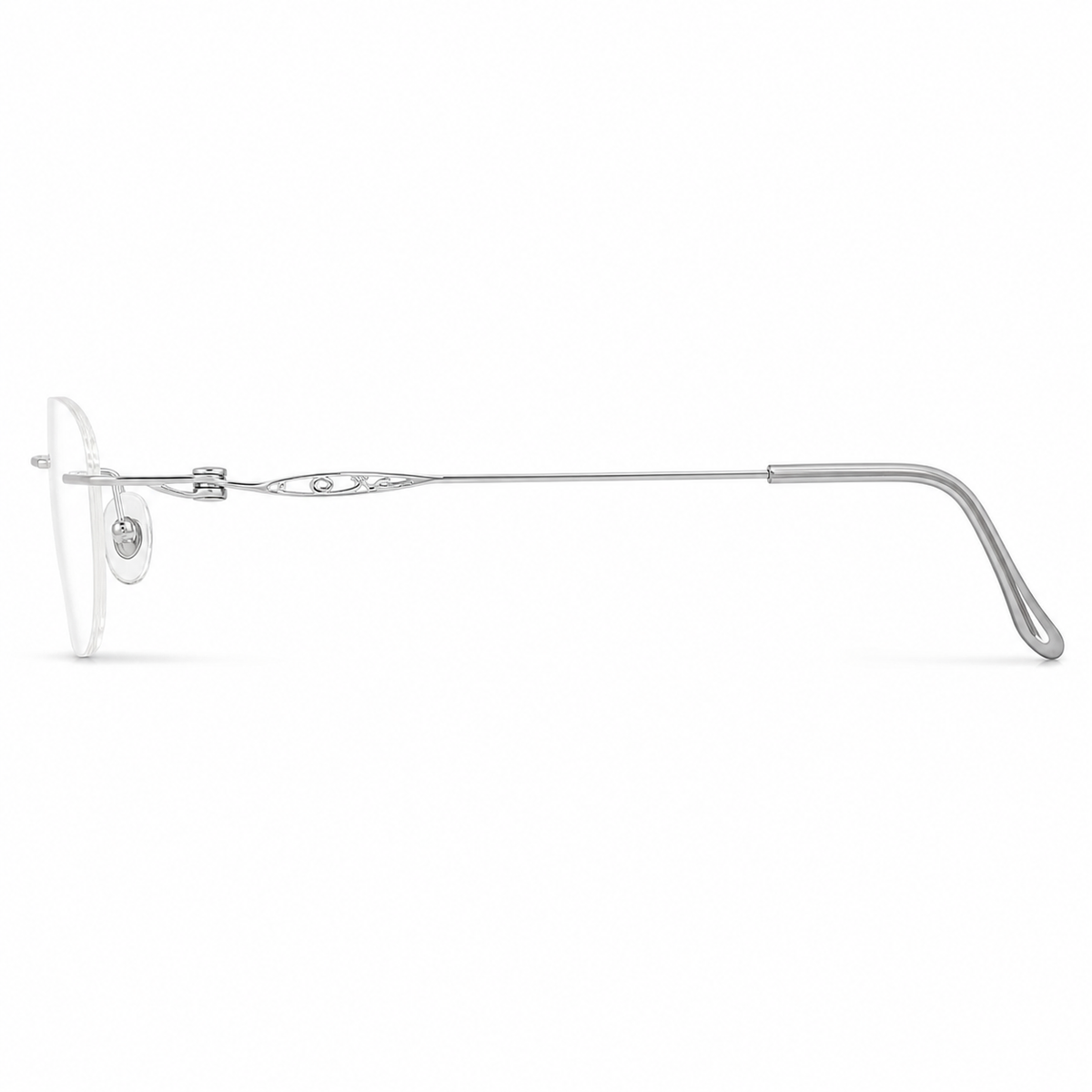 Silver women's pure titanium rimless scroll-temple glasses, side product view