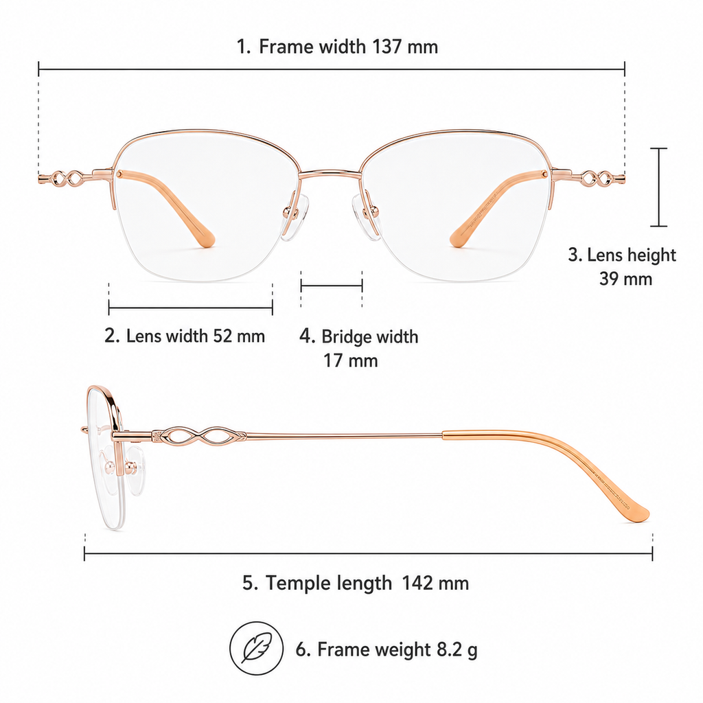 Women's pure titanium semi-rimless frame measurement guide: 137 mm frame, 52 mm lens and 8.2 g weight