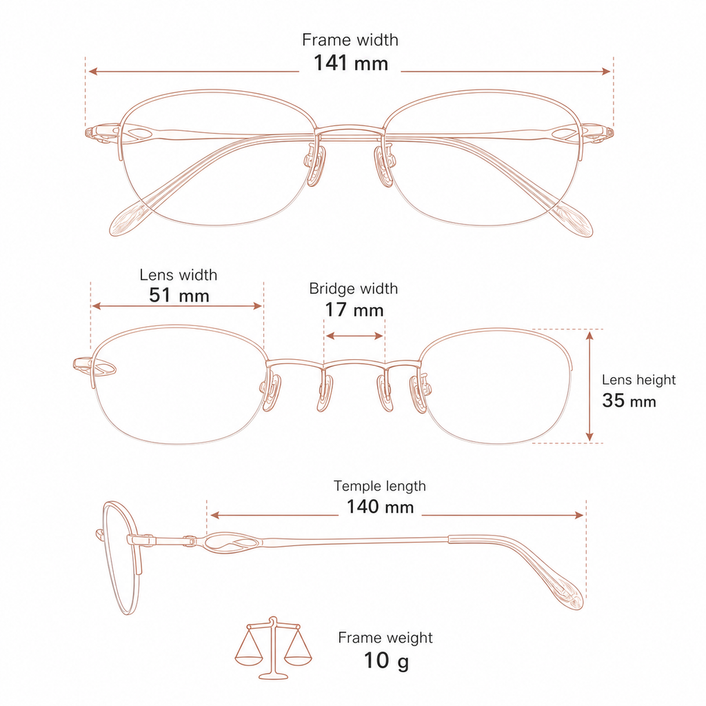 Women's pure-titanium semi-rimless frame measurement guide: 141 mm frame, 51 mm lens and 10 g weight