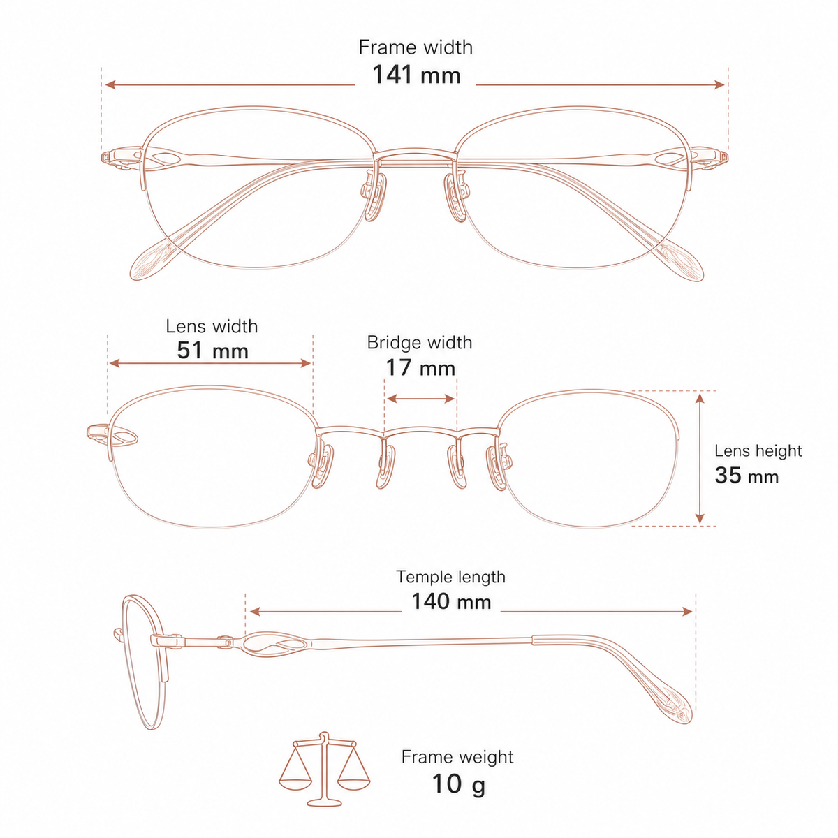 Women's pure-titanium semi-rimless frame measurement guide: 141 mm frame, 51 mm lens and 10 g weight