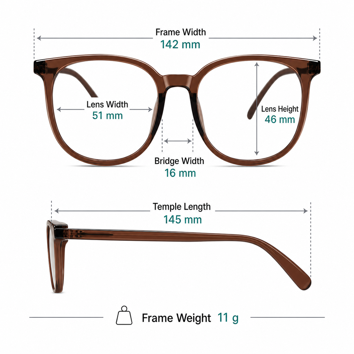 Women's oversized TR90 frame measurement guide: 142 mm width, 51 mm lenses and 11 g weight