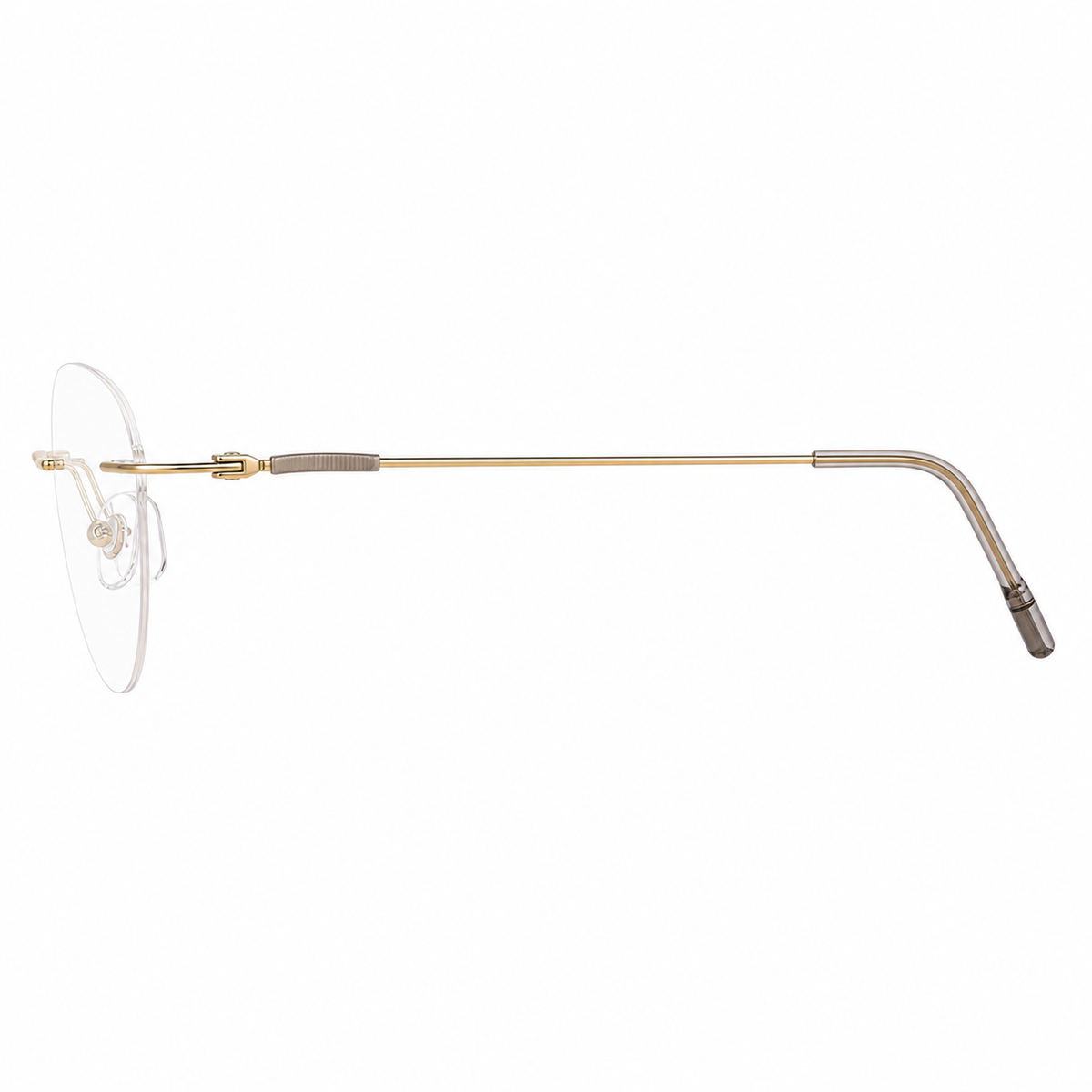 Gold and brown women's titanium rimless cat-eye glasses, side and temple product view