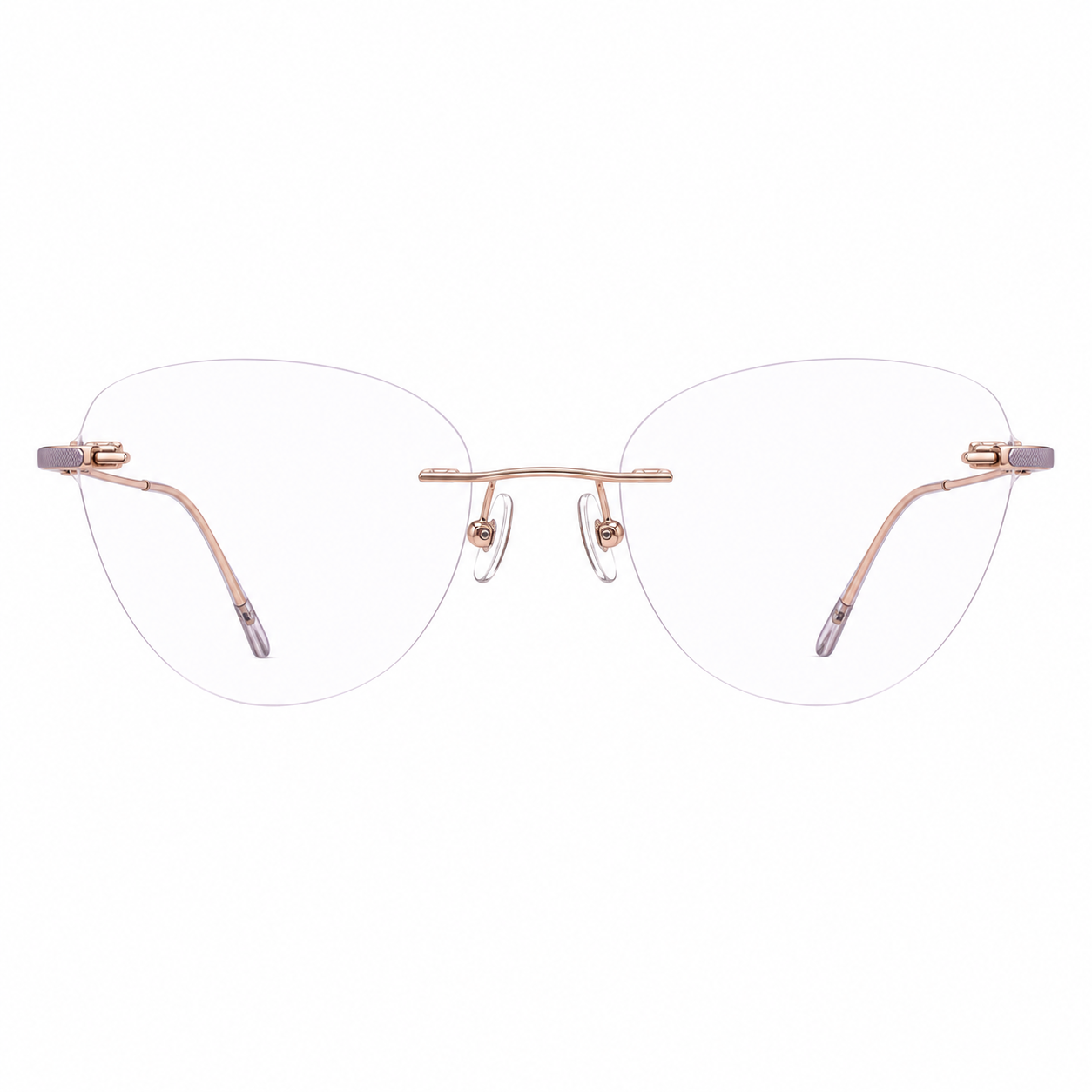 Rose gold and purple women's titanium rimless cat-eye glasses, front product view
