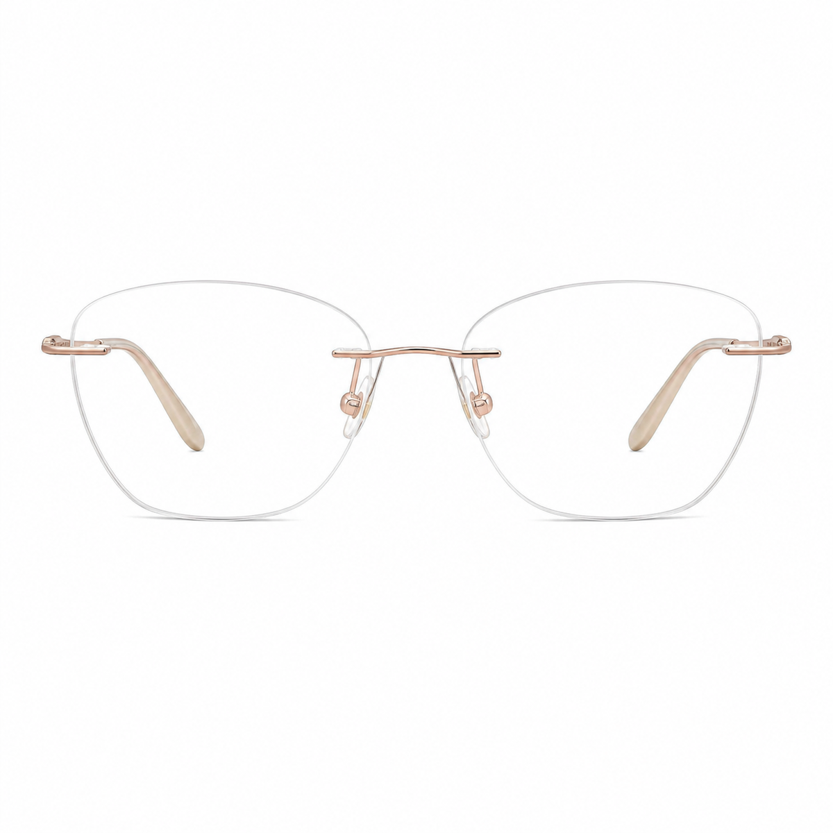 Rose Gold women's titanium rimless geometric glasses, front product view
