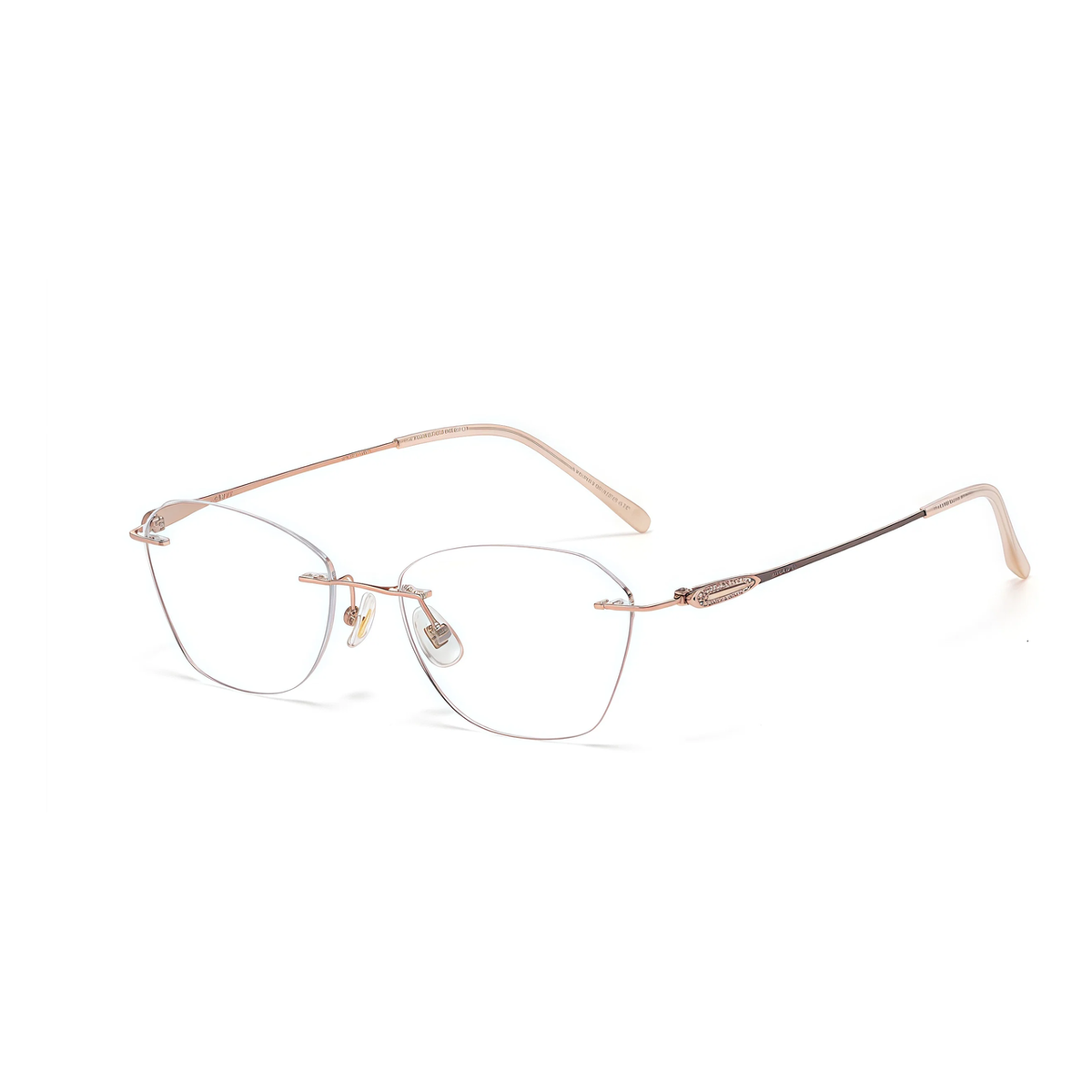 Rose Gold women's titanium rimless leaf-filigree glasses, 45-degree product view