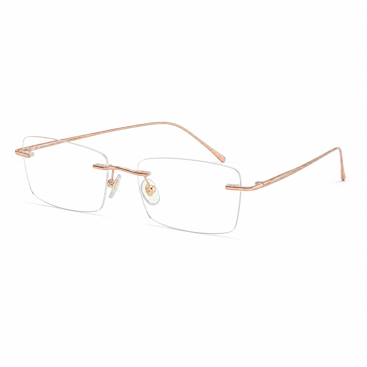 Rose Gold women's titanium rimless rectangular glasses, 45-degree product view