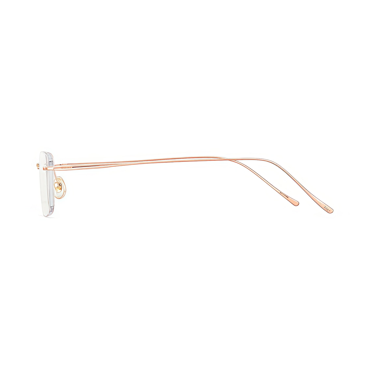 Rose Gold women's titanium rimless rectangular glasses, side and temple product view