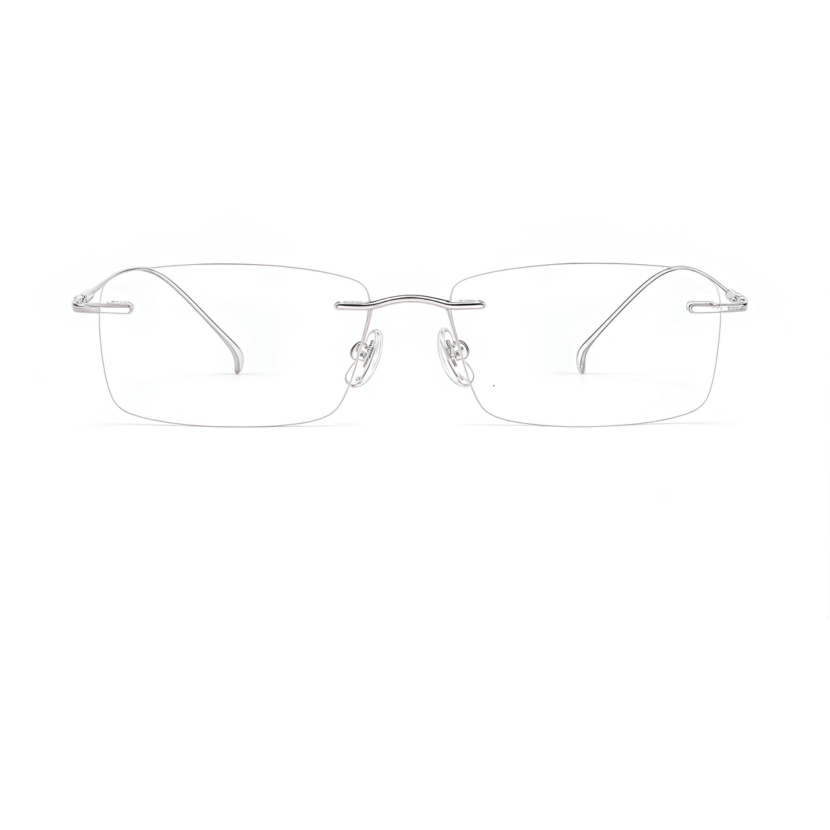 Silver women's titanium rimless rectangular glasses, front product view