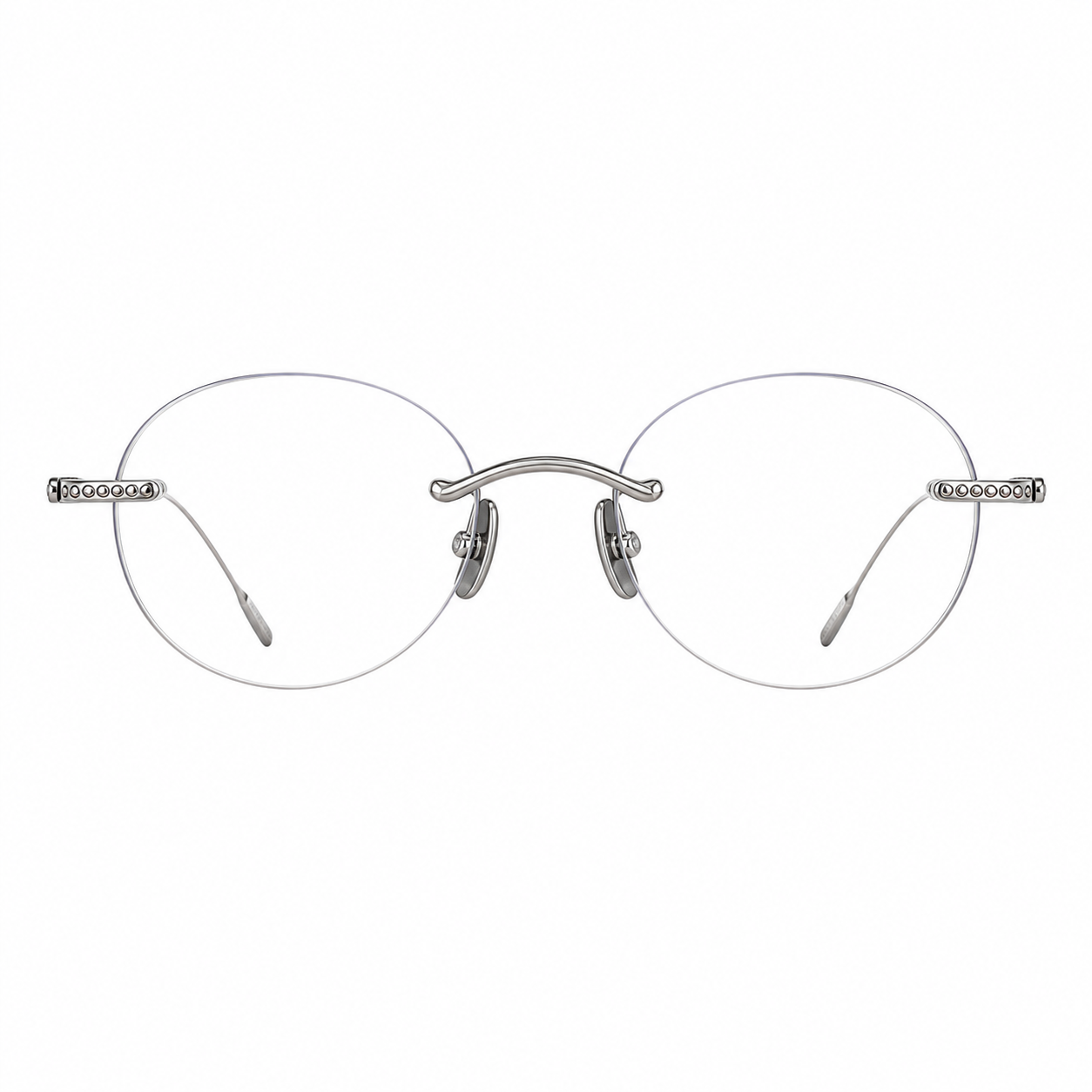 Silver women's titanium rimless round glasses, front product view