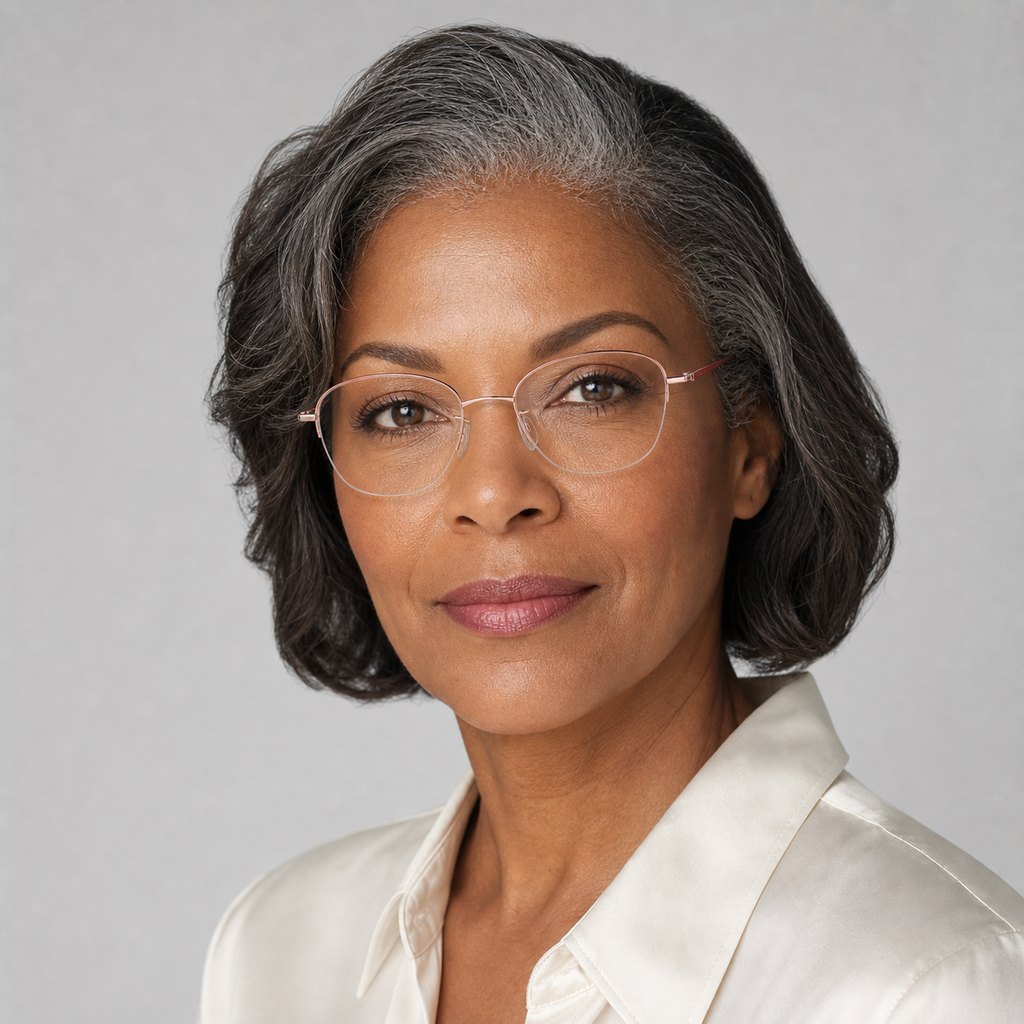 Rose Gold/Red Gradient women's titanium semi-rimless glasses worn by a mature adult Black woman