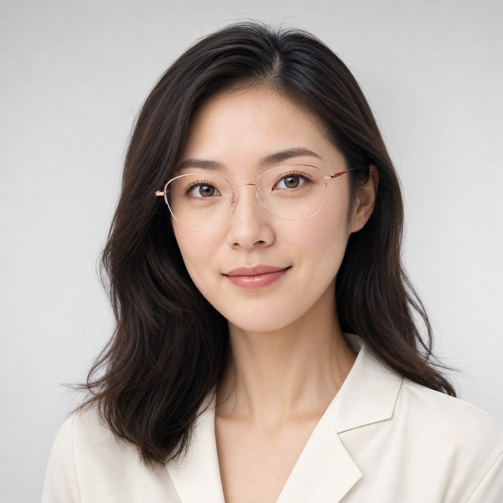 Rose Gold/Red Gradient women's titanium semi-rimless glasses worn by an adult East Asian woman