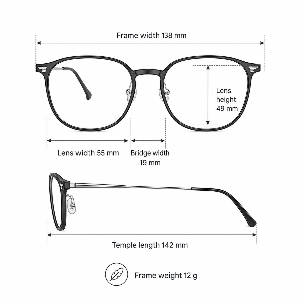 Women's TR90 and alloy frame measurement guide: 138 mm frame, 55 mm lens and 12 g weight