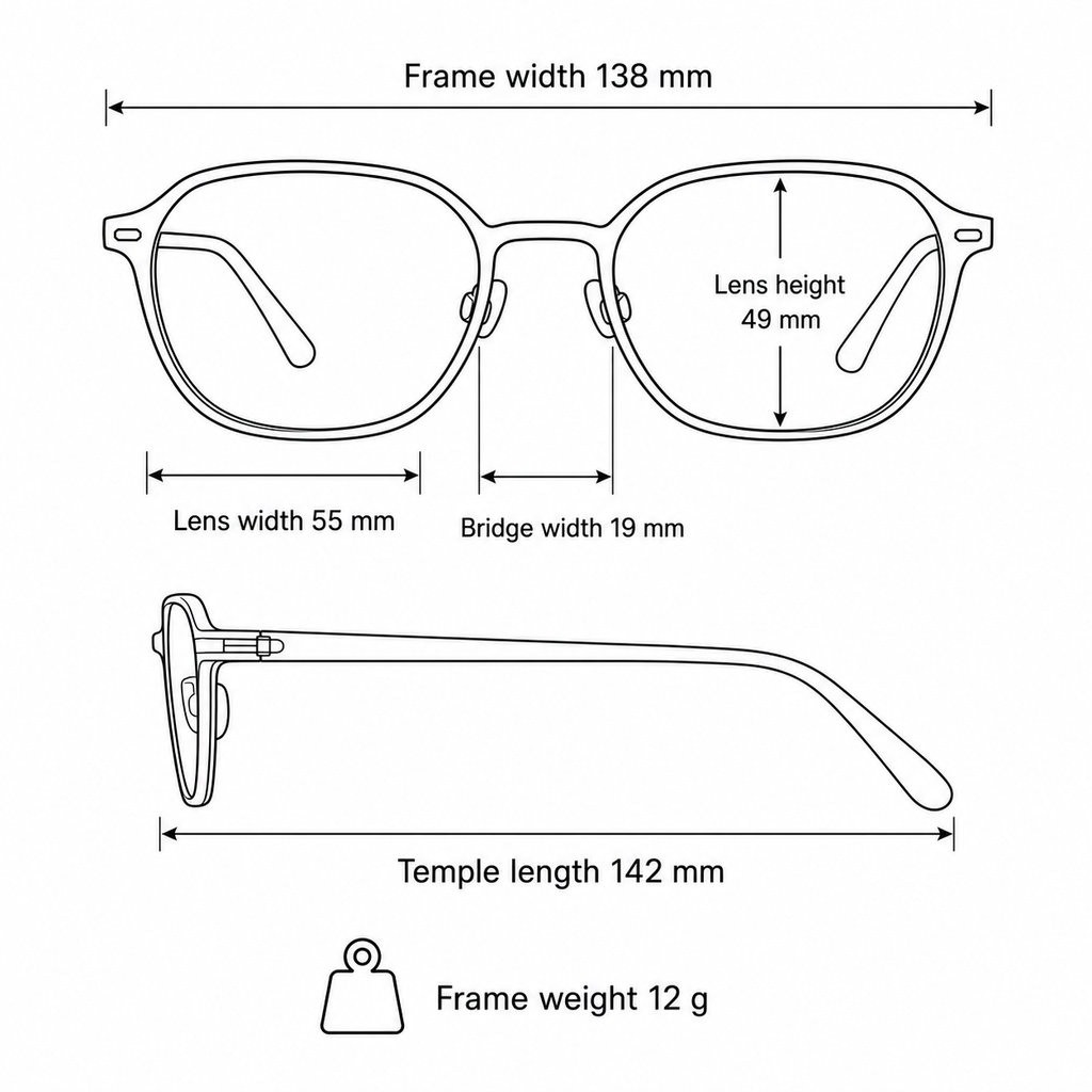 Women's TR90 and alloy frame measurement guide: 138 mm frame, 55 mm lens and 12 g weight