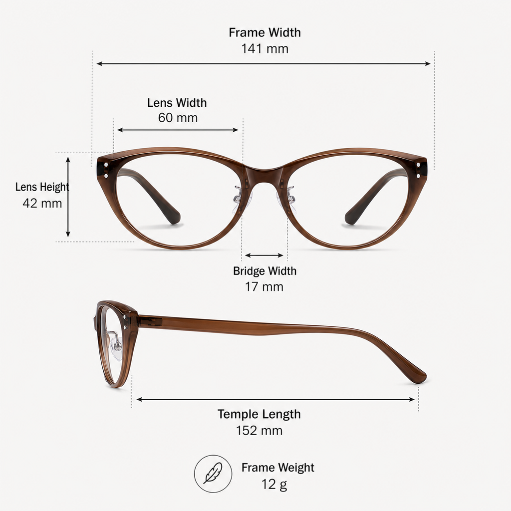 Women's TR90 cat-eye frame measurement guide: 141 mm frame, 60 mm lens and 12 g weight