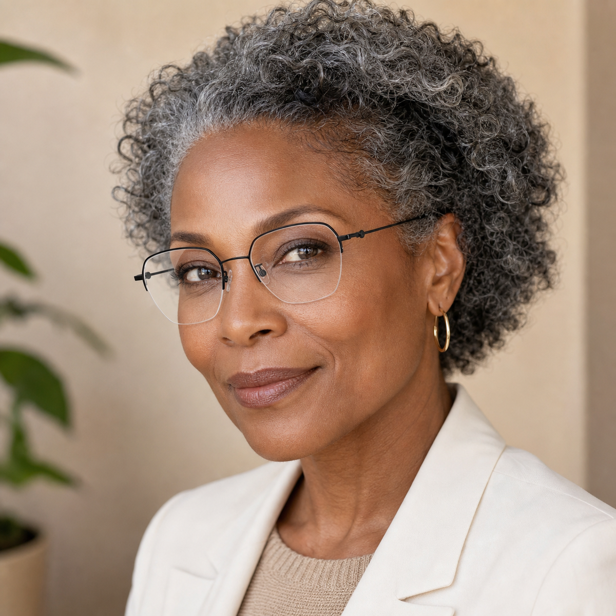 Black women's vintage titanium semi-rimless glasses worn by a mature adult Black woman