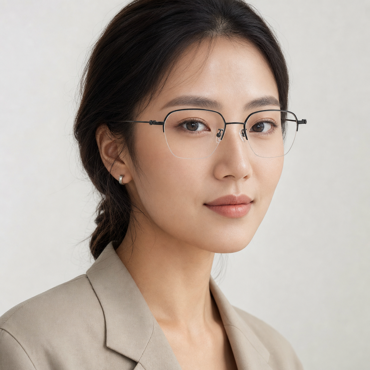 Black women's vintage titanium semi-rimless glasses worn by an adult East Asian woman