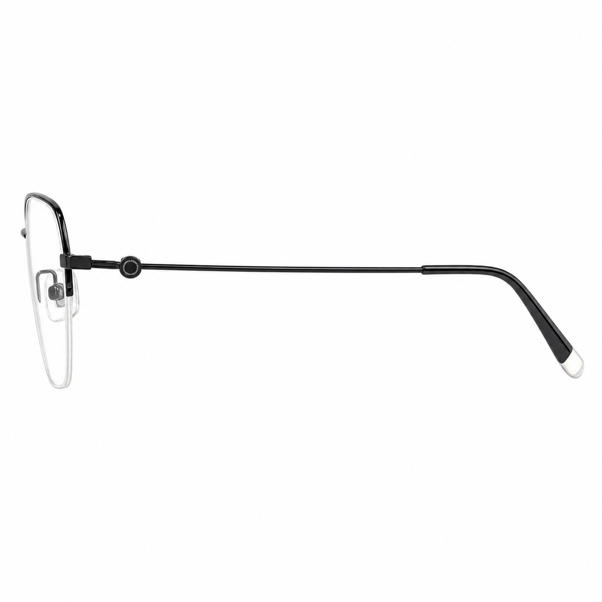 Black women's vintage titanium semi-rimless glasses, side and temple product view