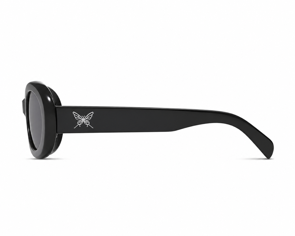 Women’s Black full-rim oval cat-eye sunglasses, side-profile product view