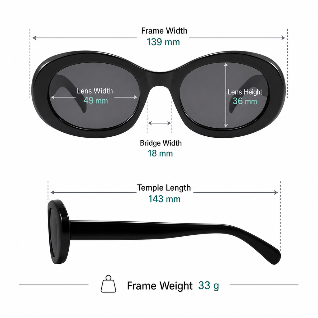 Frame measurement guide: 139 mm width, 49 mm lenses, 36 mm lens height and 33 g weight