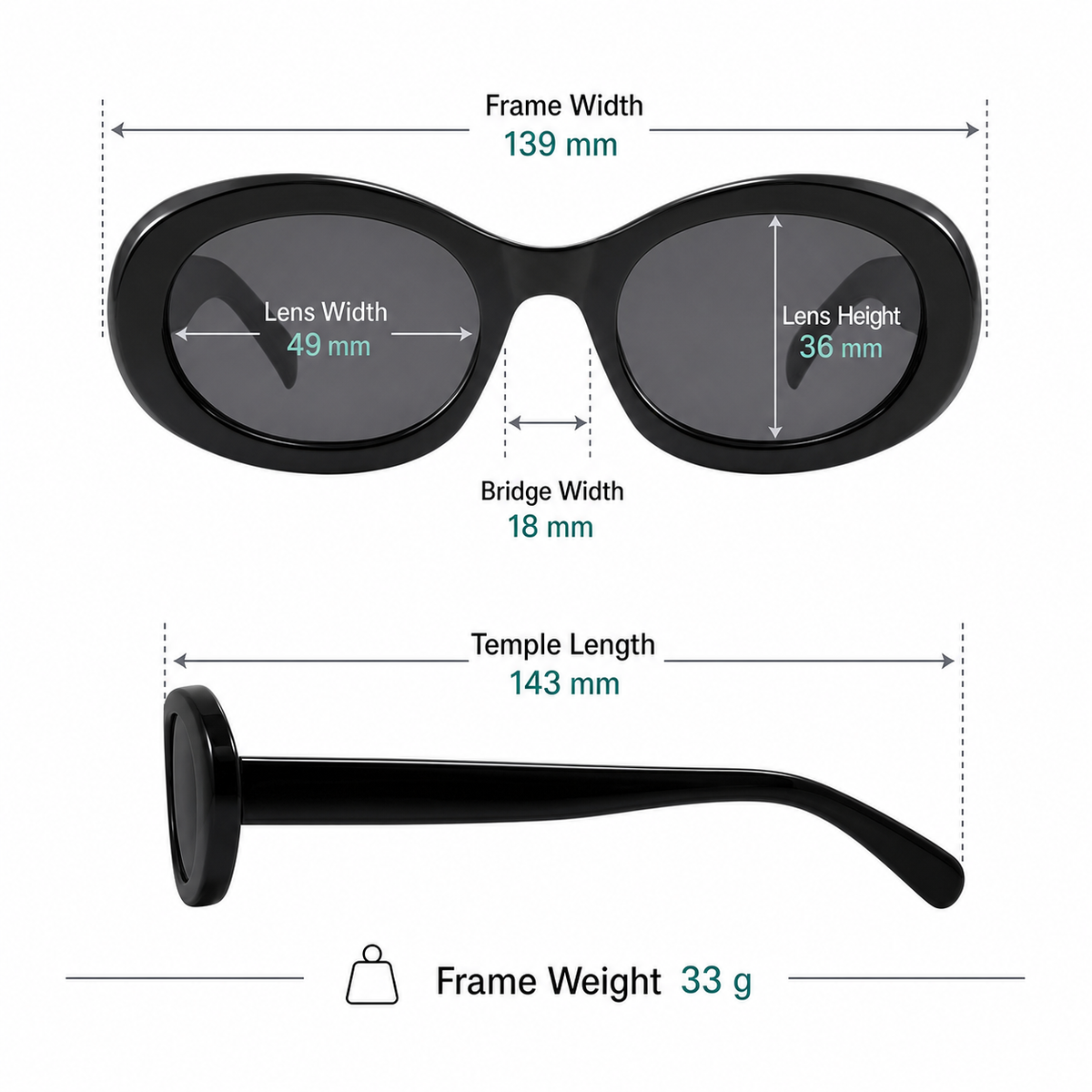 Frame measurement guide: 139 mm width, 49 mm lenses, 36 mm lens height and 33 g weight