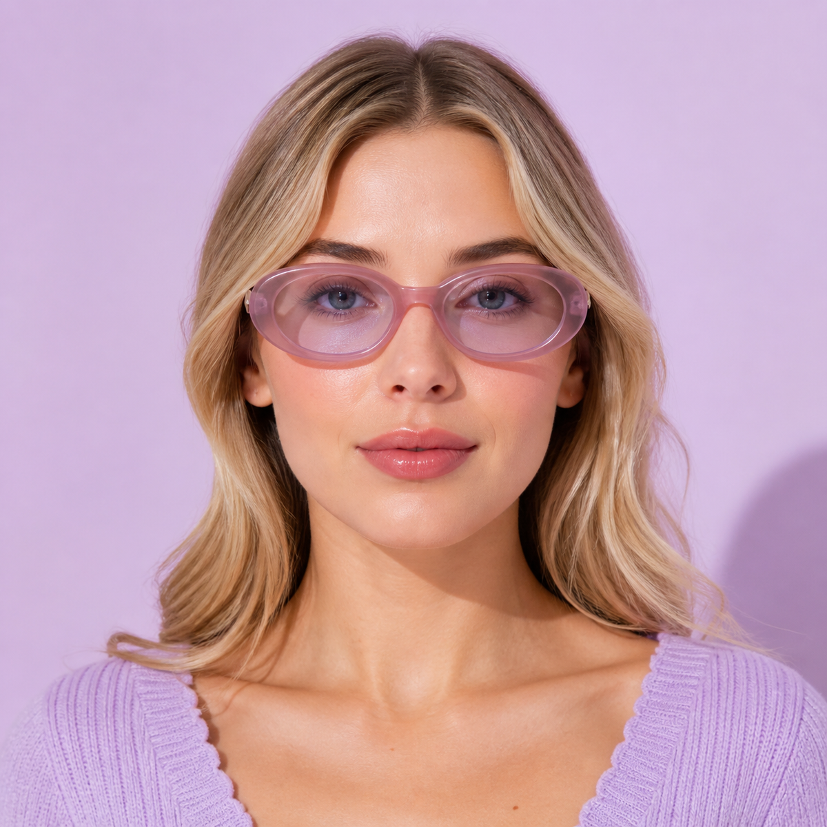 Dusty Pink Women's Oval PC Y2K Sunglasses, front adult model view